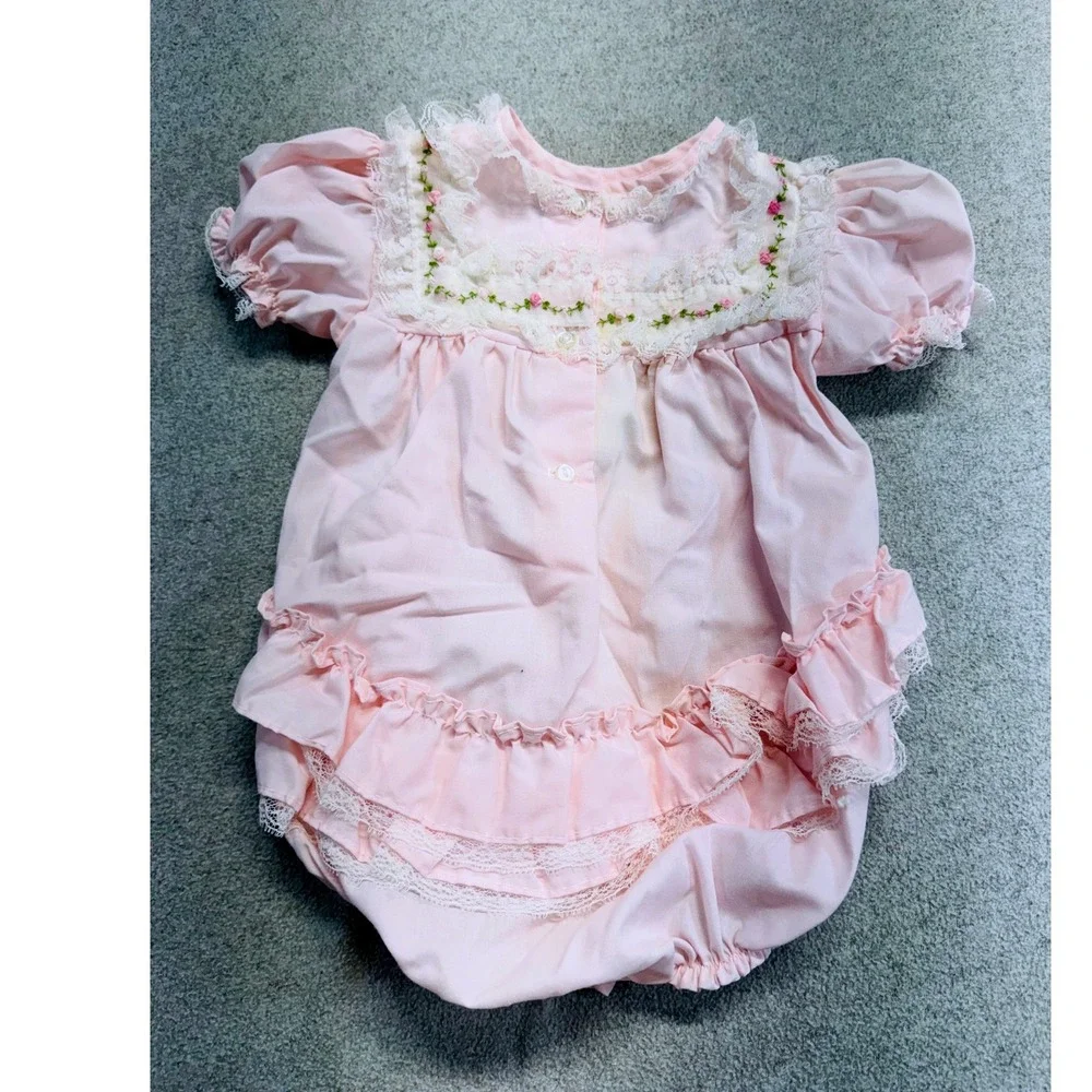 Vintage Alexis Baby Girls Pink Lace Bubble Romper 9 Months Heirloom USA